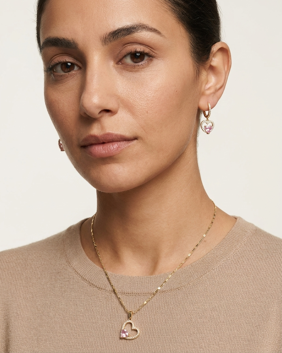 18K Gold Plated Pink Heart Halo Necklace & Earring Set
