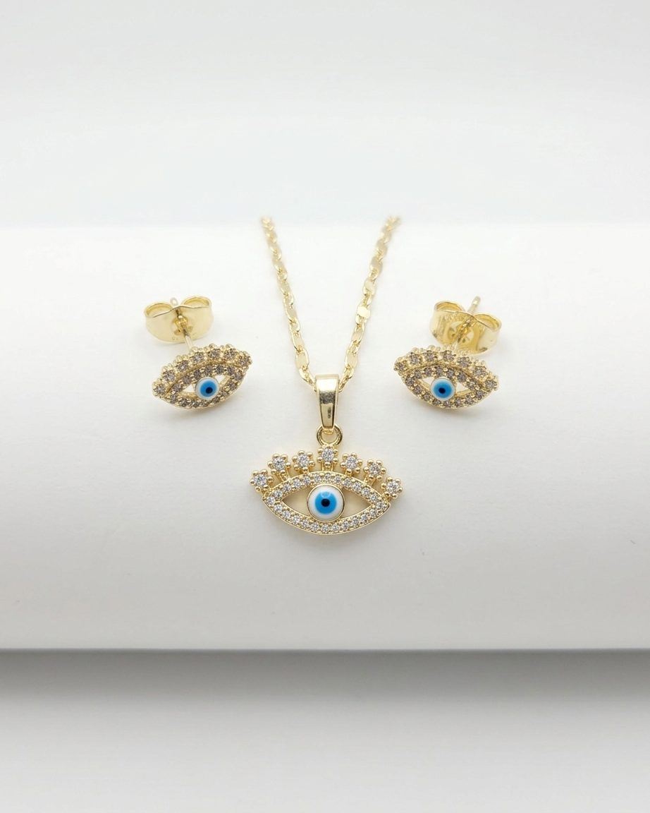 18K Gold Plated Evil Eye Protection Necklace & Earring Set