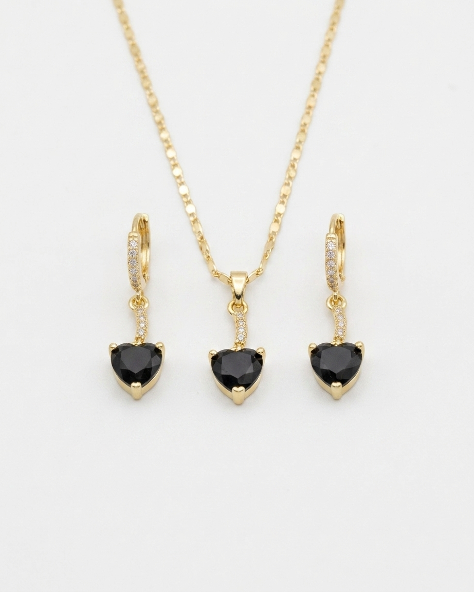 18K Gold Plated Black Heart Solitaire Necklace & Earring Set