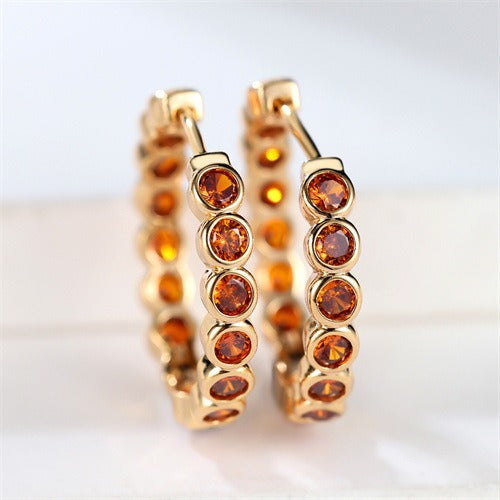 Luxury Round Hoop Earrings – Gold Charm with Sparkling Zircon Stones