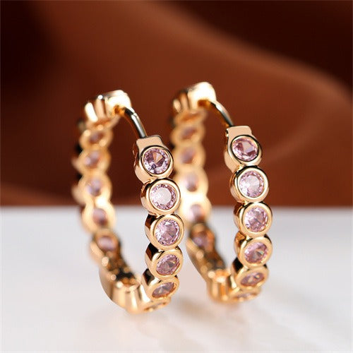 Luxury Round Hoop Earrings – Gold Charm with Sparkling Zircon Stones