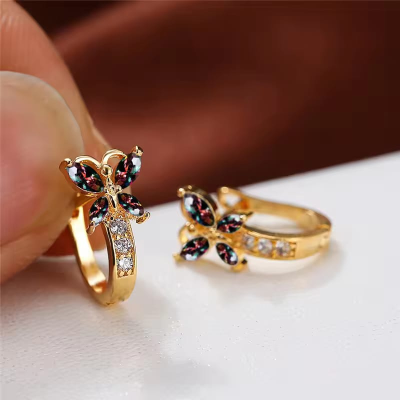 ✨ Vintage Rainbow Butterfly Crystal Hoop Earrings – Elegant Gold Bridal Jewelry for Women