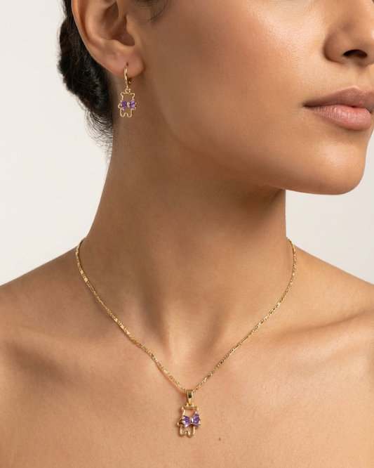 18K Gold Plated Lilac Bow Bear Necklace & Earring Set