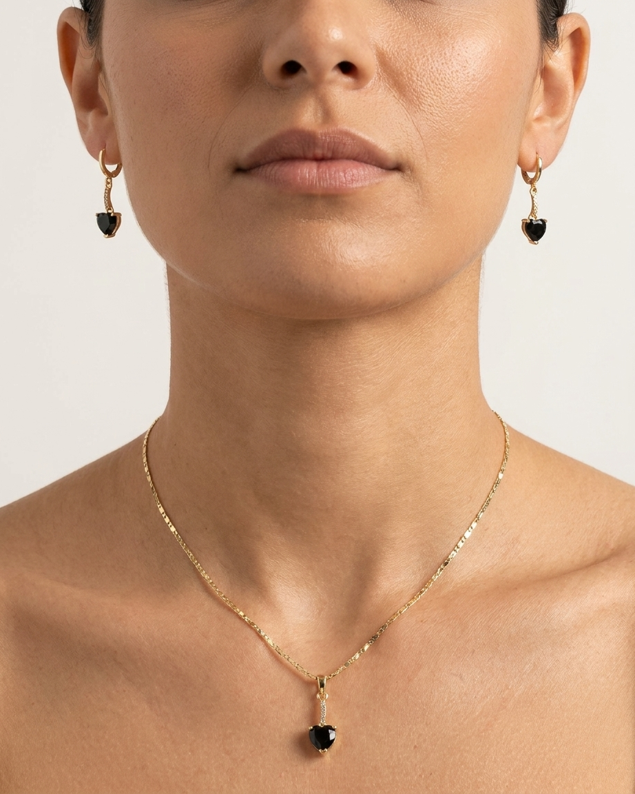 18K Gold Plated Black Heart Solitaire Necklace & Earring Set