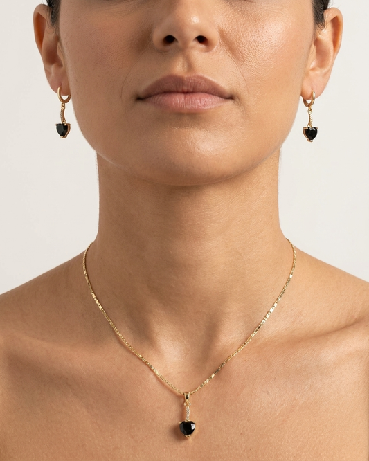 18K Gold Plated Black Heart Solitaire Necklace & Earring Set