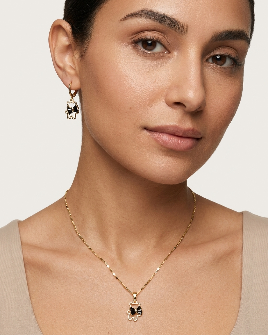 18K Gold Plated Noir Bow Bear Necklace & Earring Set