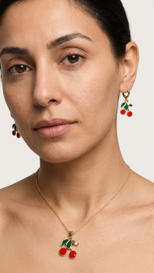 18K Gold Plated Sweet Cherry Enamel Necklace & Earring Set