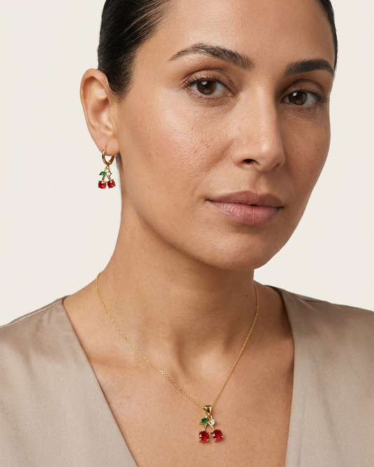 18K Gold Plated Ruby Cherry Crystal Necklace & Earring Set