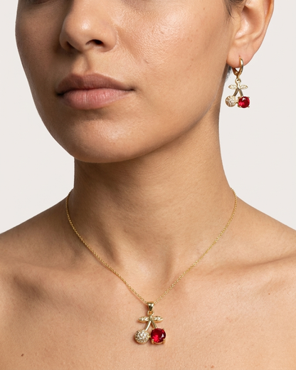 18K Gold Plated Cherry Duet Necklace &amp; Earring Set