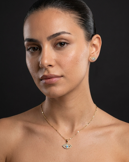 18K Gold Plated Evil Eye Protection Necklace & Earring Set