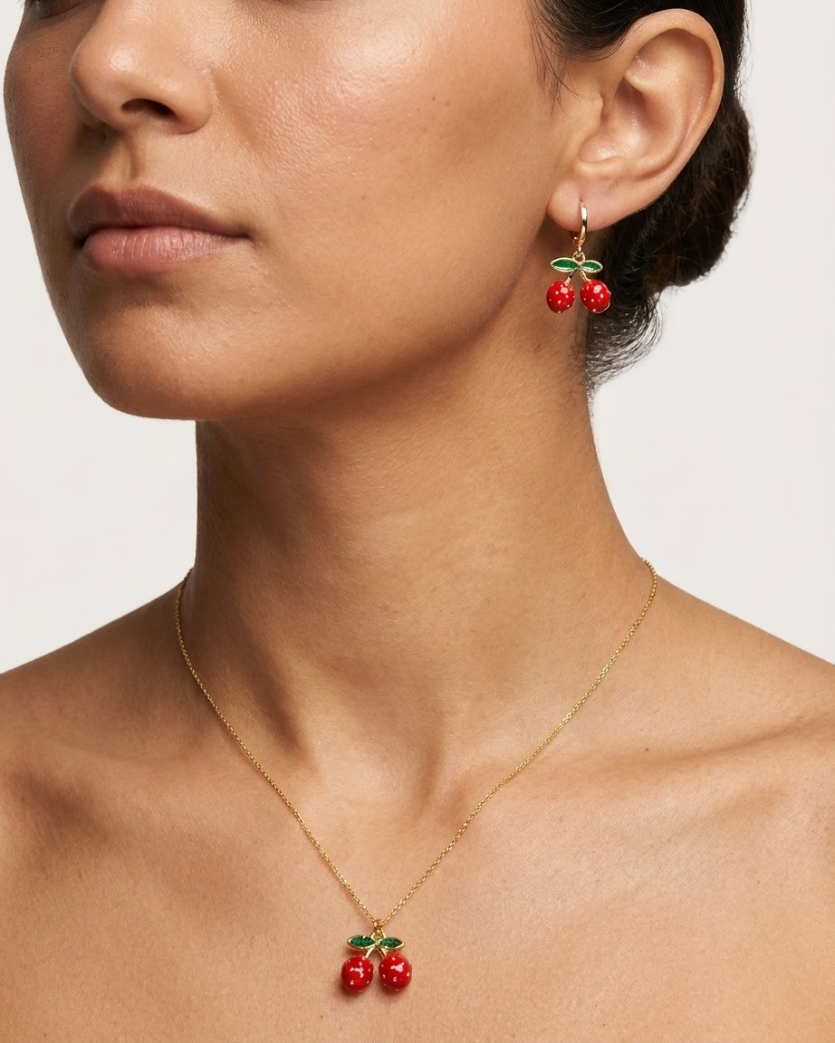 18K Gold Plated Double Strawberry Necklace & Earring Set
