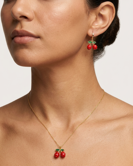 18K Gold Plated Double Strawberry Necklace & Earring Set