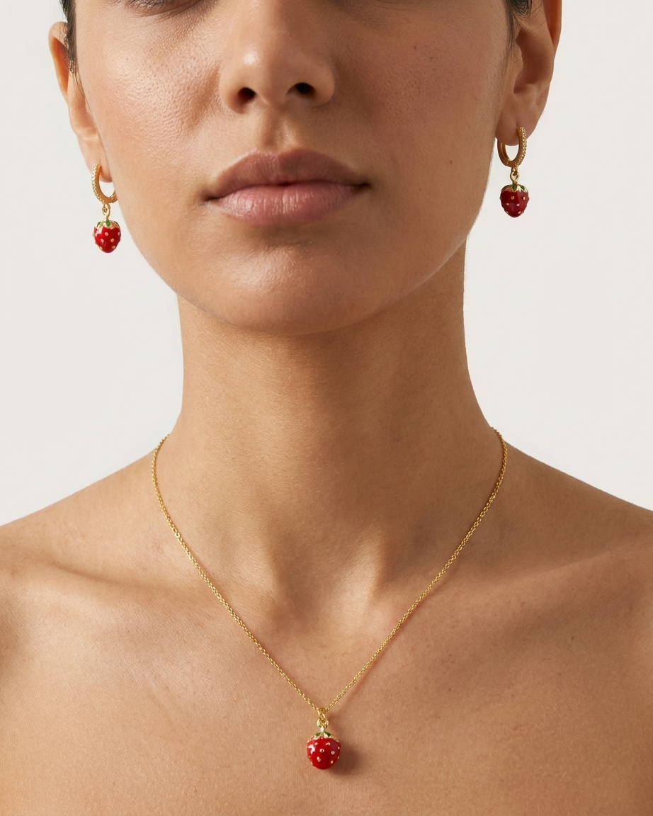 18K Gold Plated Sweet Strawberry Necklace & Earring Set