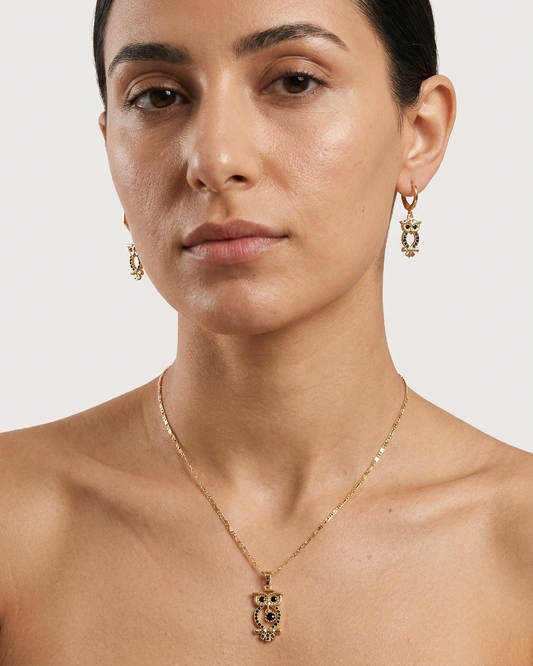 18K Gold Plated Midnight Owl Necklace & Earring Set