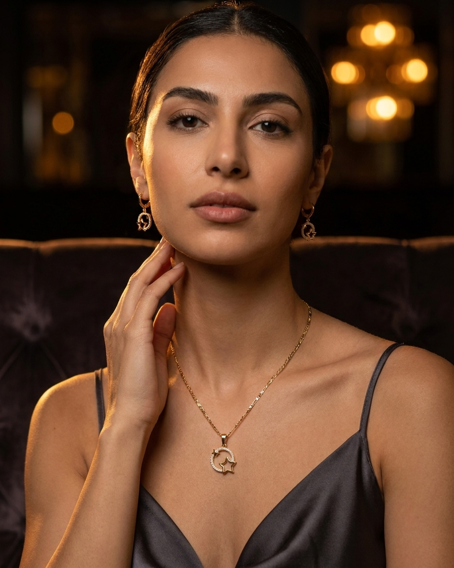 18K Gold Plated Celestial Star Halo Necklace & Earring Set