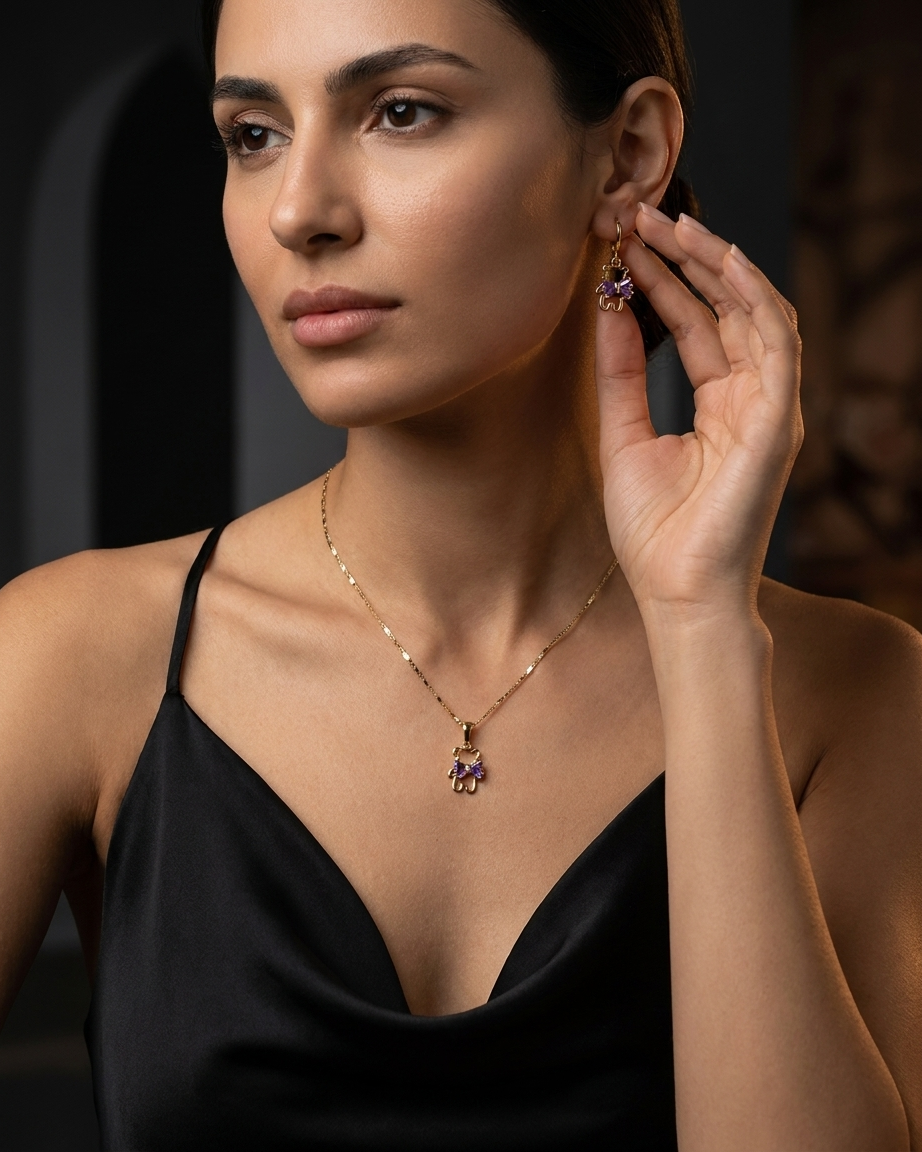 18K Gold Plated Lilac Bow Bear Necklace & Earring Set