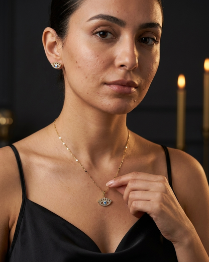 18K Gold Plated Evil Eye Protection Necklace & Earring Set