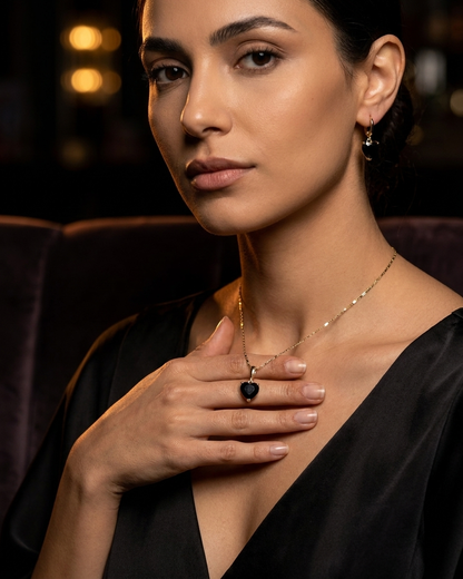 18K Gold Plated Black Heart Solitaire Necklace & Earring Set