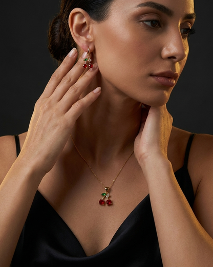 18K Gold Plated Ruby Cherry Crystal Necklace & Earring Set