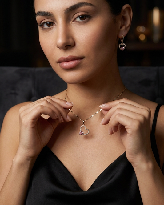 18K Gold Plated Pink Heart Halo Necklace & Earring Set