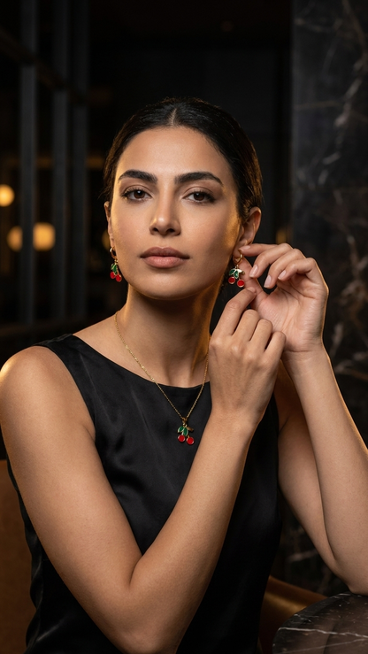 18K Gold Plated Sweet Cherry Enamel Necklace & Earring Set
