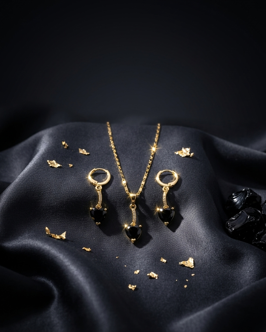 18K Gold Plated Black Heart Solitaire Necklace & Earring Set