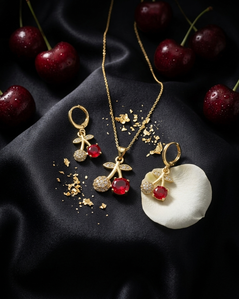 18K Gold Plated Cherry Duet Necklace &amp; Earring Set