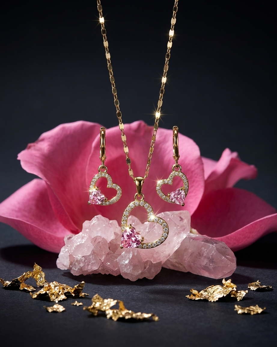 18K Gold Plated Pink Heart Halo Necklace & Earring Set