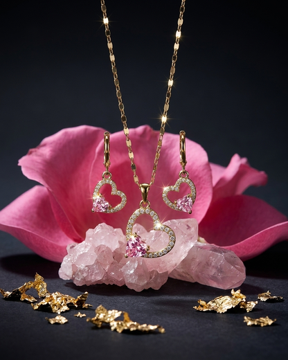 18K Gold Plated Pink Heart Halo Necklace & Earring Set