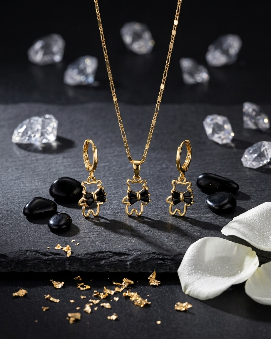 18K Gold Plated Noir Bow Bear Necklace & Earring Set