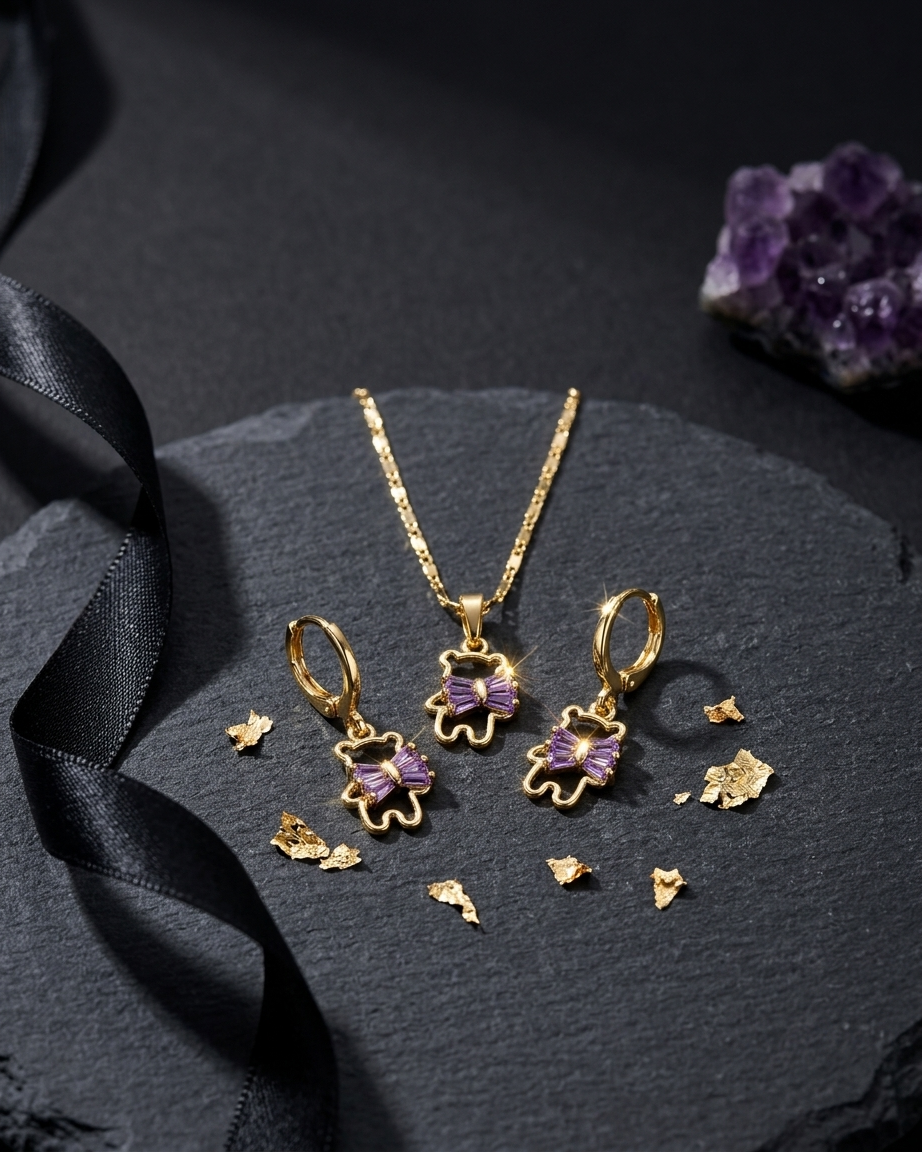 18K Gold Plated Lilac Bow Bear Necklace & Earring Set