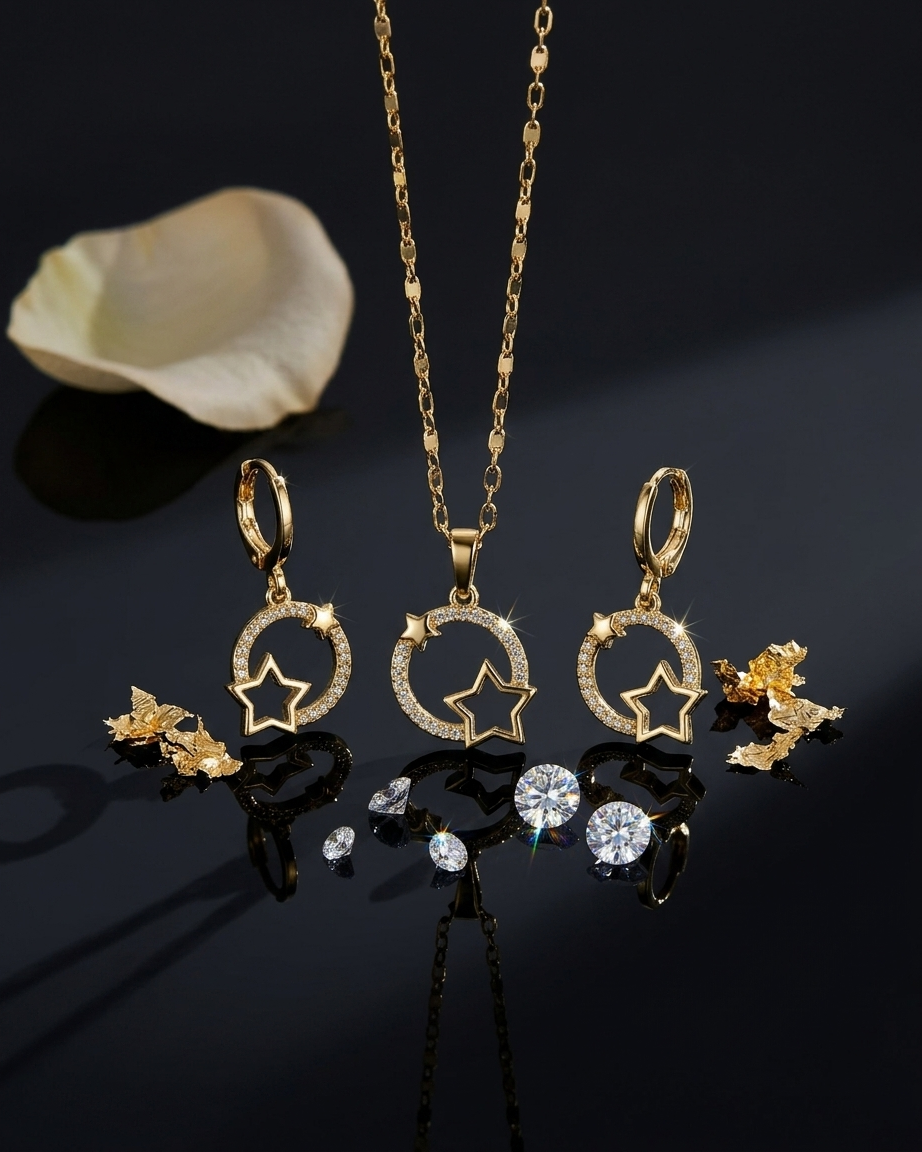 18K Gold Plated Celestial Star Halo Necklace & Earring Set