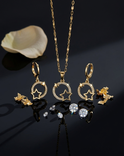 18K Gold Plated Celestial Star Halo Necklace & Earring Set