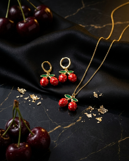 18K Gold Plated Double Strawberry Necklace & Earring Set