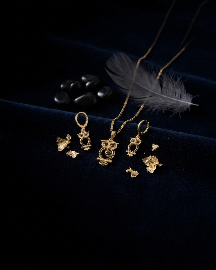 18K Gold Plated Midnight Owl Necklace & Earring Set