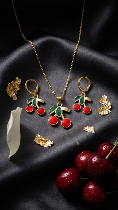 18K Gold Plated Sweet Cherry Enamel Necklace & Earring Set