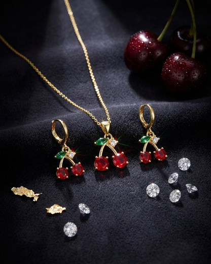 18K Gold Plated Ruby Cherry Crystal Necklace & Earring Set