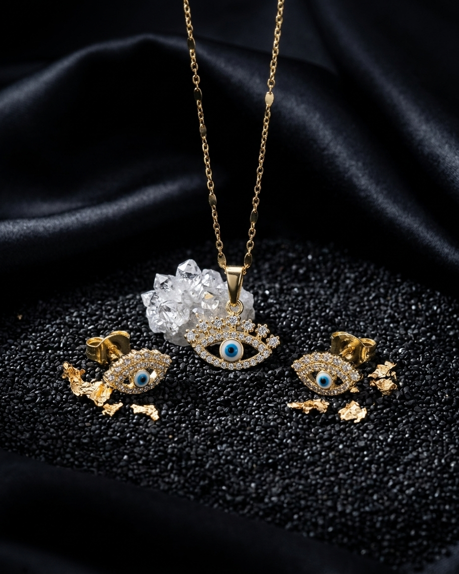 18K Gold Plated Evil Eye Protection Necklace & Earring Set
