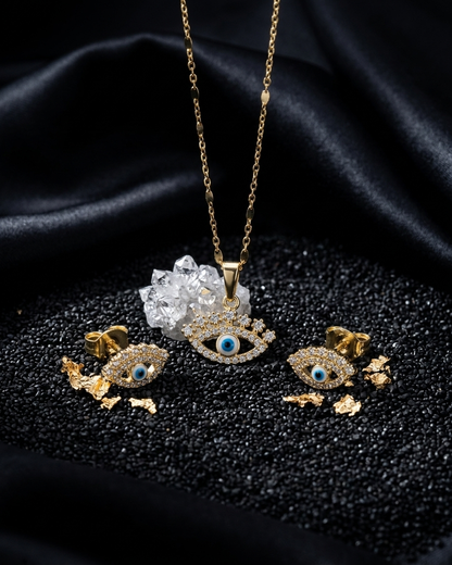 18K Gold Plated Evil Eye Protection Necklace & Earring Set