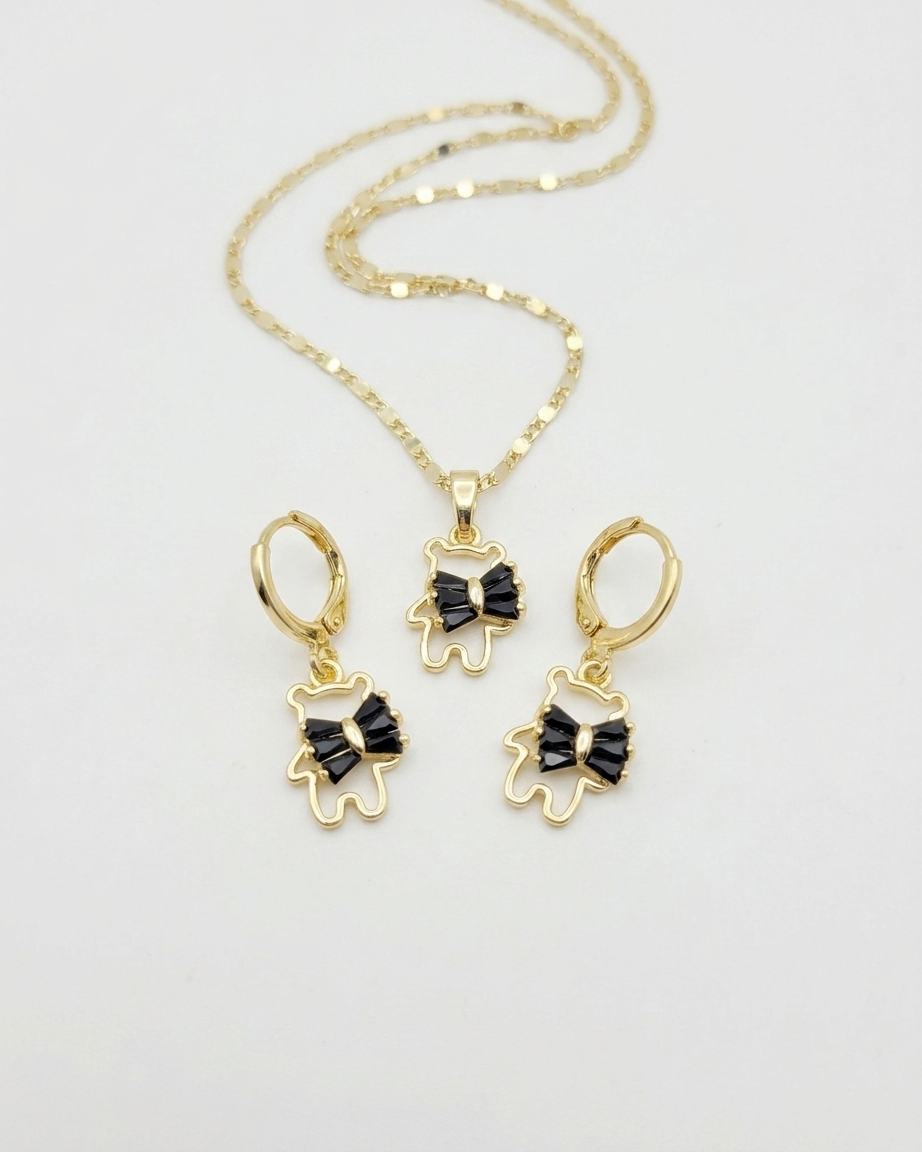 18K Gold Plated Noir Bow Bear Necklace & Earring Set
