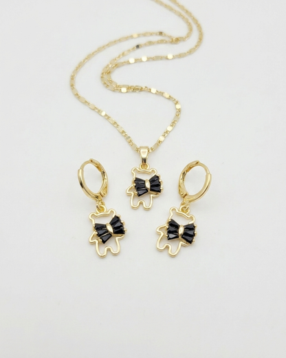 18K Gold Plated Noir Bow Bear Necklace & Earring Set