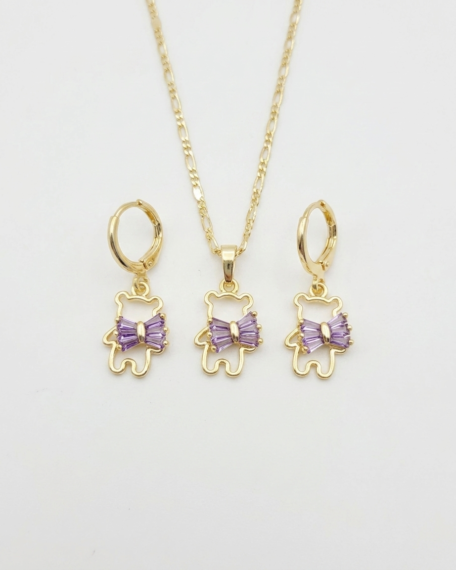18K Gold Plated Lilac Bow Bear Necklace & Earring Set