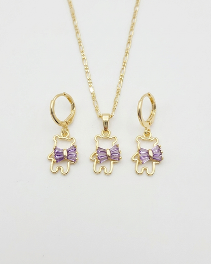 18K Gold Plated Lilac Bow Bear Necklace & Earring Set