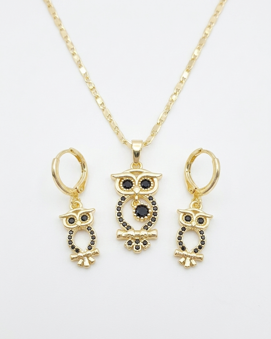 18K Gold Plated Midnight Owl Necklace & Earring Set