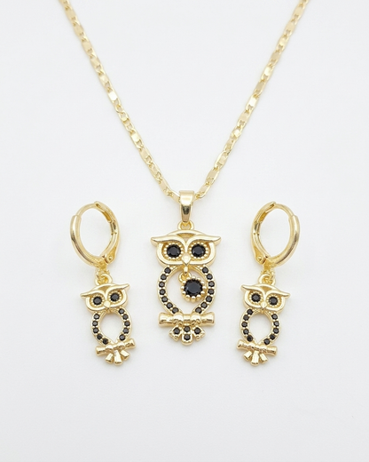 18K Gold Plated Midnight Owl Necklace & Earring Set