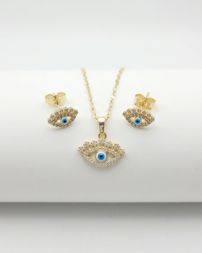 18K Gold Plated Evil Eye Protection Necklace & Earring Set