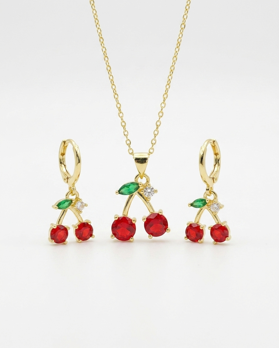 18K Gold Plated Ruby Cherry Crystal Necklace & Earring Set