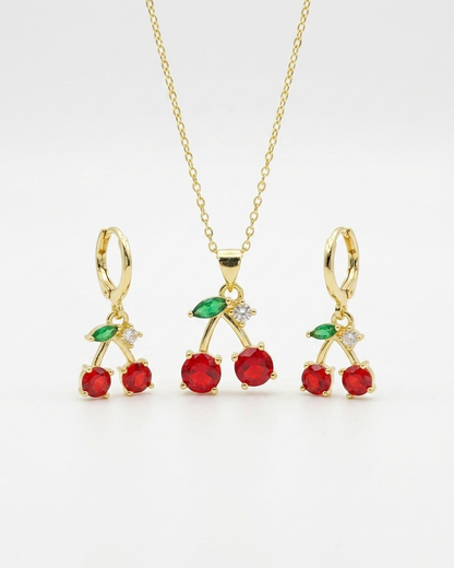 18K Gold Plated Ruby Cherry Crystal Necklace & Earring Set
