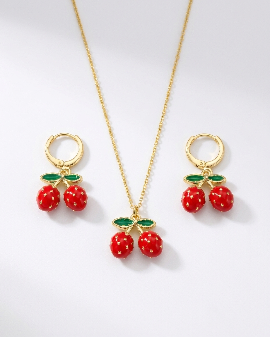18K Gold Plated Double Strawberry Necklace & Earring Set