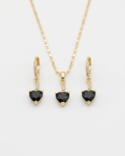 18K Gold Plated Black Heart Solitaire Necklace & Earring Set